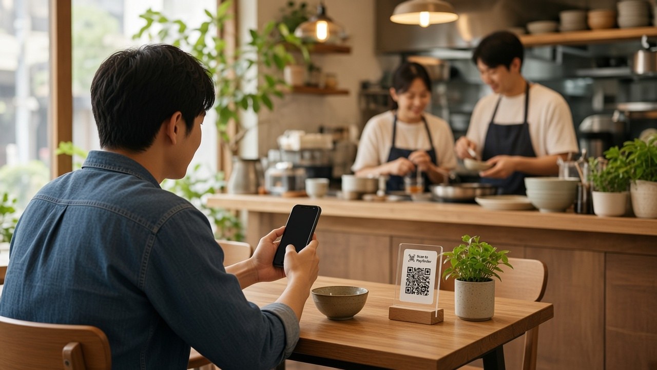 客人入座掃碼點餐,廚房兩人專心做菜